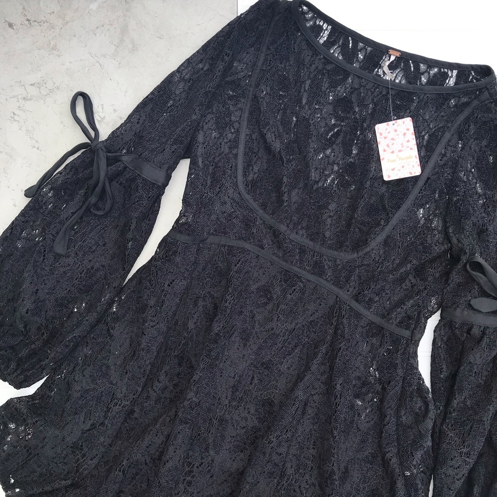 Free People || Black Lace Ruby Mini Dress Size M - Picture 2 of 8